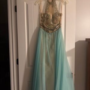 Macy's Gold and Aqua Beaded Prom Dress